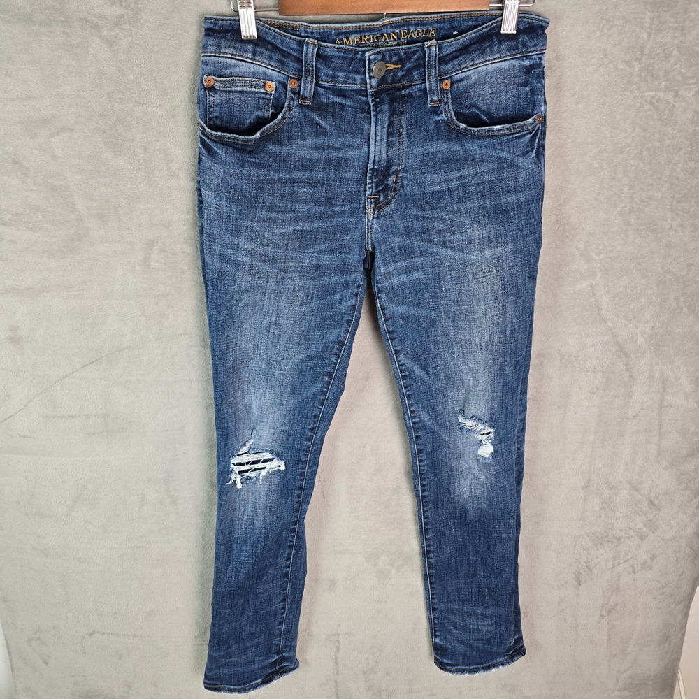 American Eagle Mens‎ Slim Straight Ne(x)t Level Flex Distressed Blue Jeans 31x32